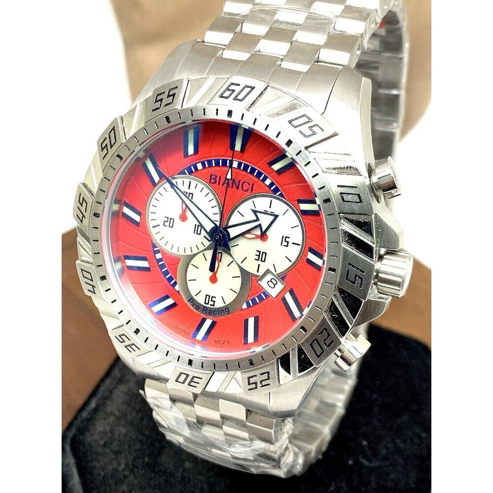Roberto Bianci Men's Watch 7060M Red Dial Swiss Quartz Chronograph Steel 48mm